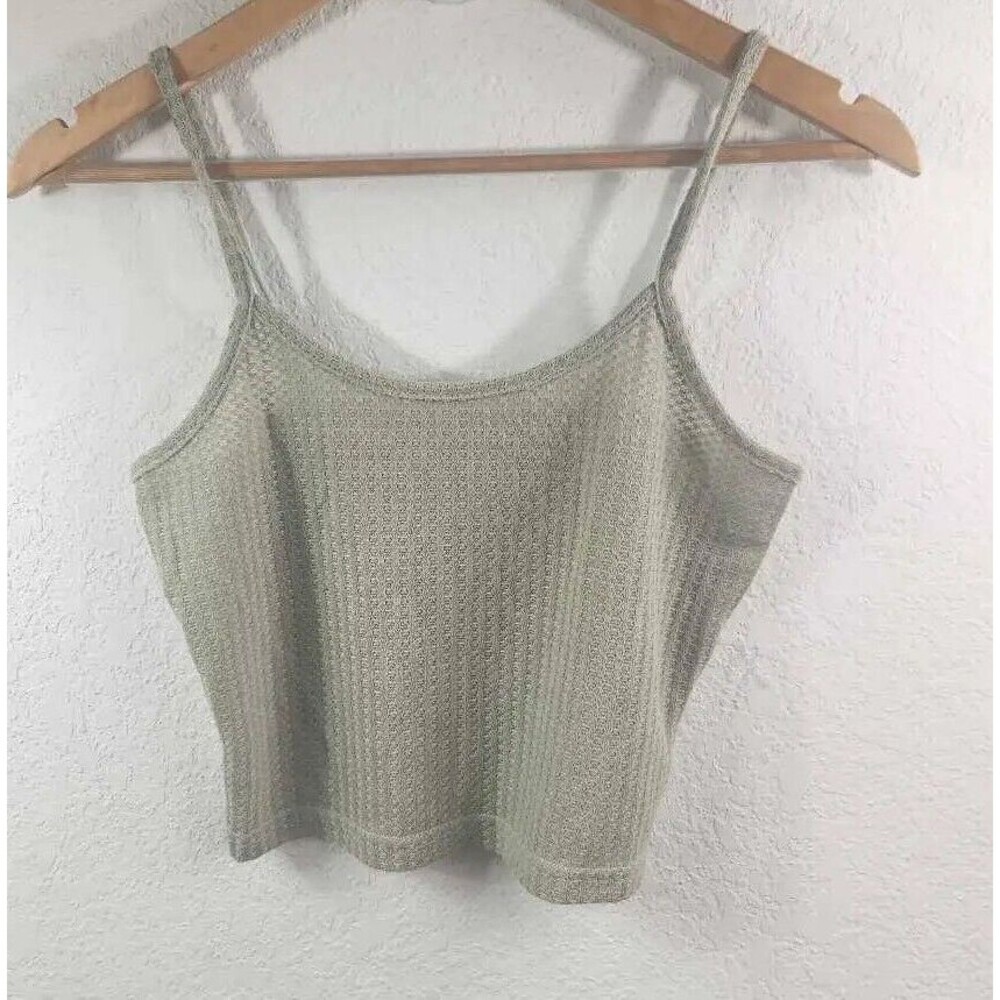 Cropped Tank Top Womens Green Spaghetti Strap Scoop Neck Waffle Pullover M